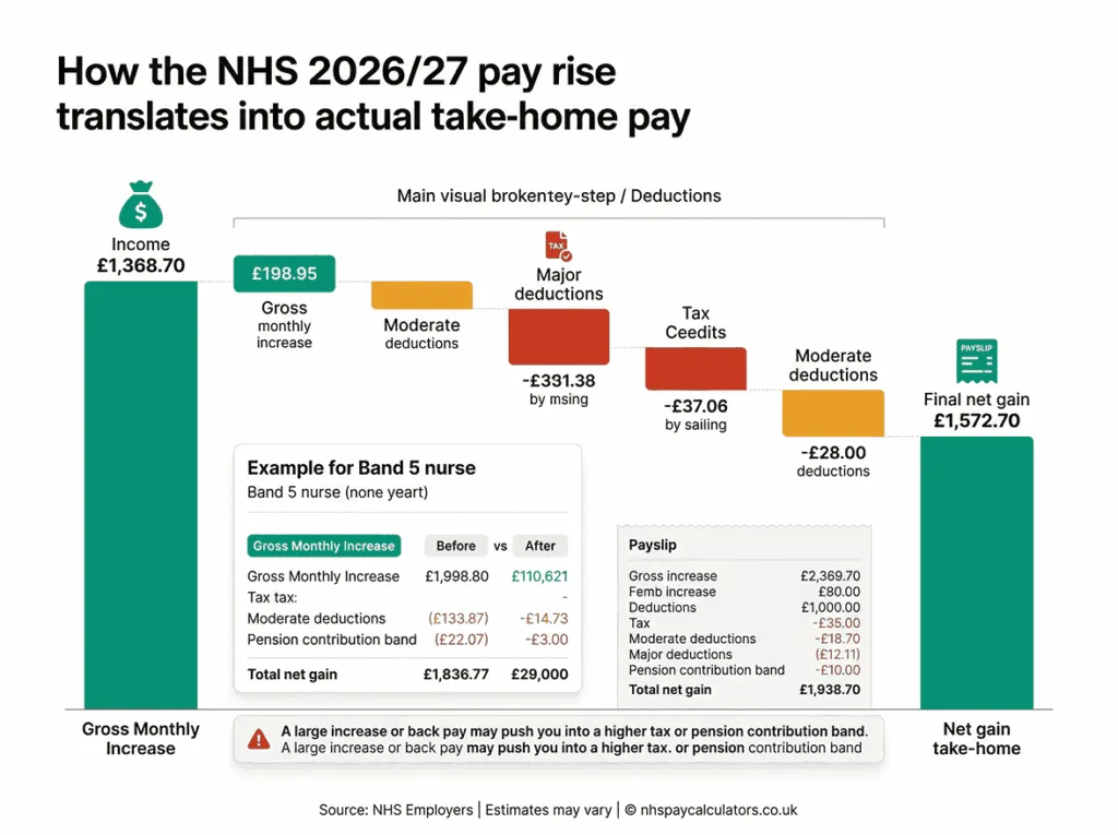 nhs pay rise 2026/27 take home pay impact after tax ni and pension for band 5 and other bands