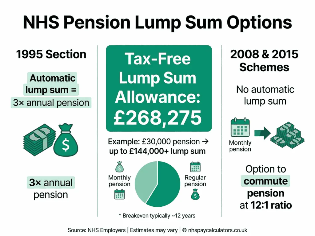 nhs pension lump sum options and tax free allowance £268275 2026/27 for 1995 2008 2015 schemes