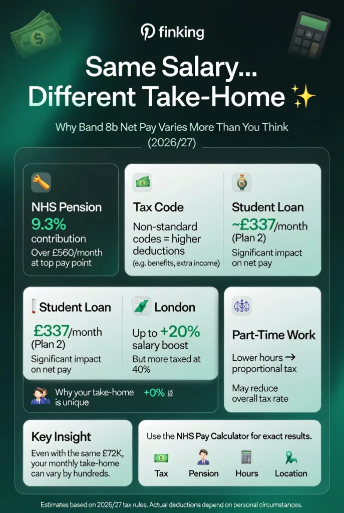 NHS Band 8b take home pay 2026/27 factors including pension tax code student loan London weighting and part time impact