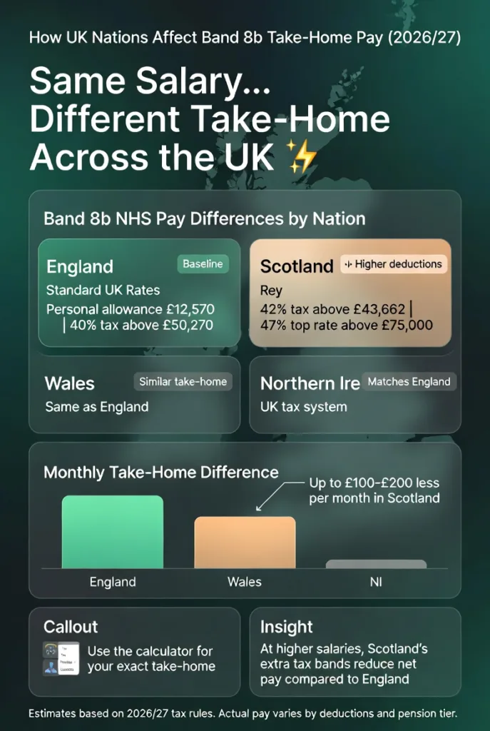 NHS Band 8b take home pay UK by nation showing tax differences in England Scotland Wales and Northern Ireland