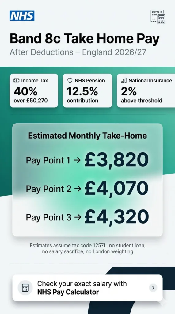 Band 8c NHS take home pay after tax, pension and national insurance England 2026/27 showing monthly net salary for all pay points