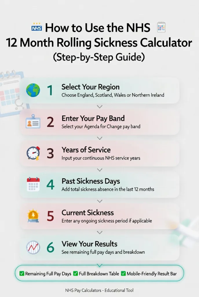 Step-by-step infographic showing how to use the NHS 12 month rolling sickness calculator, including region selection, pay band, years of service, sickness days input, and remaining full pay results