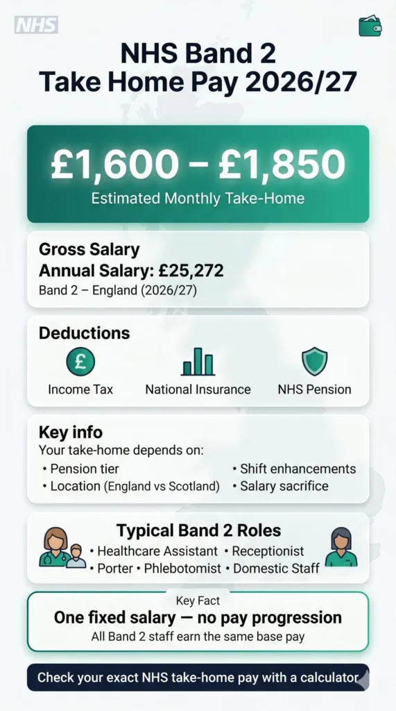 Calculate NHS Band 2 take home pay UK 2026. Net salary is typically £1,600–£1,850 per month after tax, National Insurance and pension deductions.