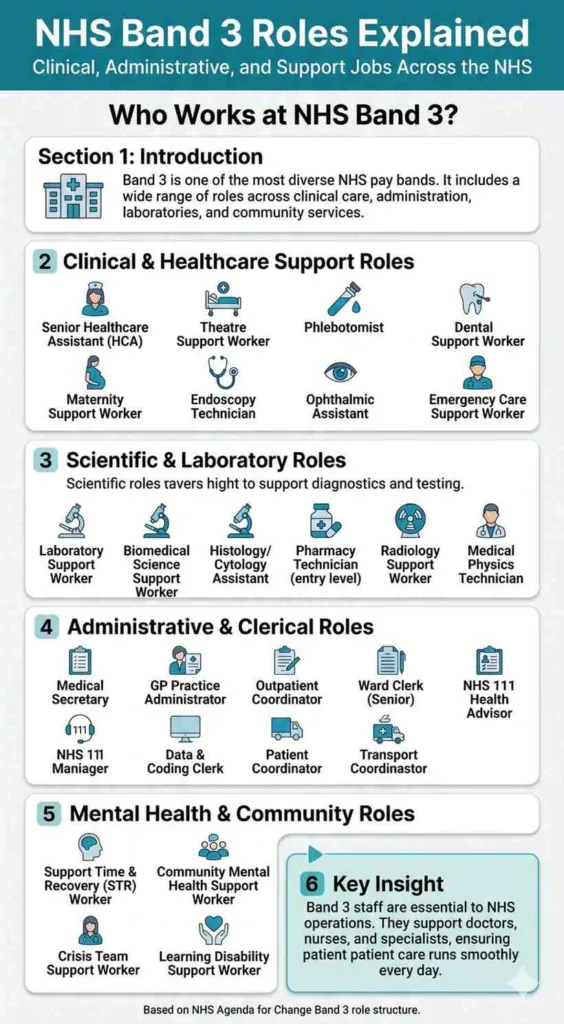 NHS Band 3 Take Home Pay & roles infographic showing healthcare assistant, admin, laboratory and mental health support jobs under Agenda for Change