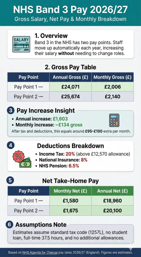 NHS Band 3 Take Home Pay 2026 infographic showing gross salary, monthly pay and estimated take-home after tax and pension deductions in England