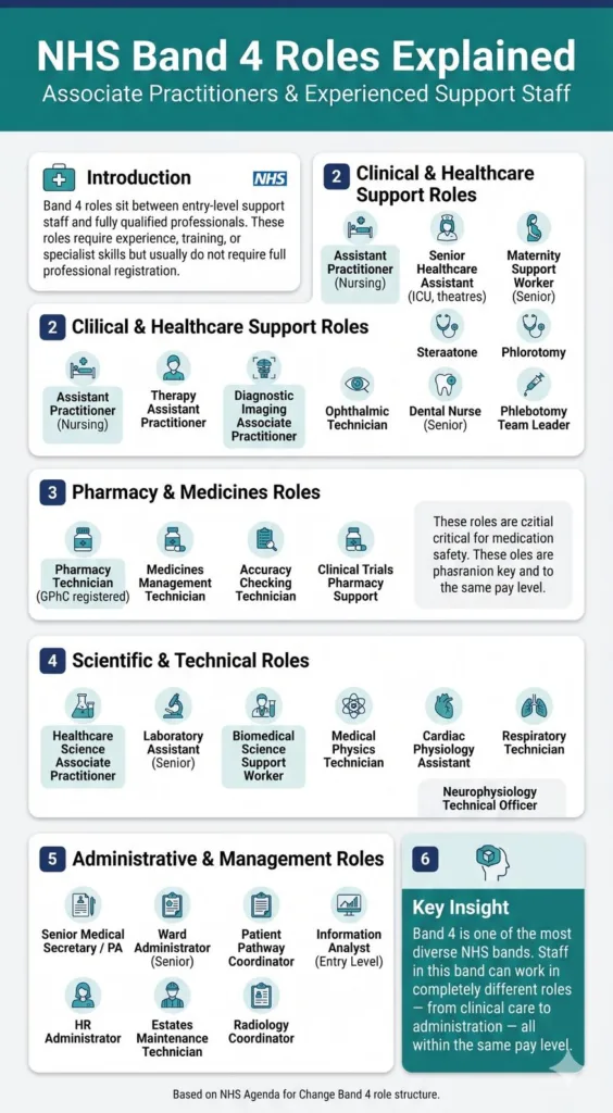 NHS Band 4 roles infographic showing assistant practitioner, pharmacy technician, laboratory and admin jobs under Agenda for Change