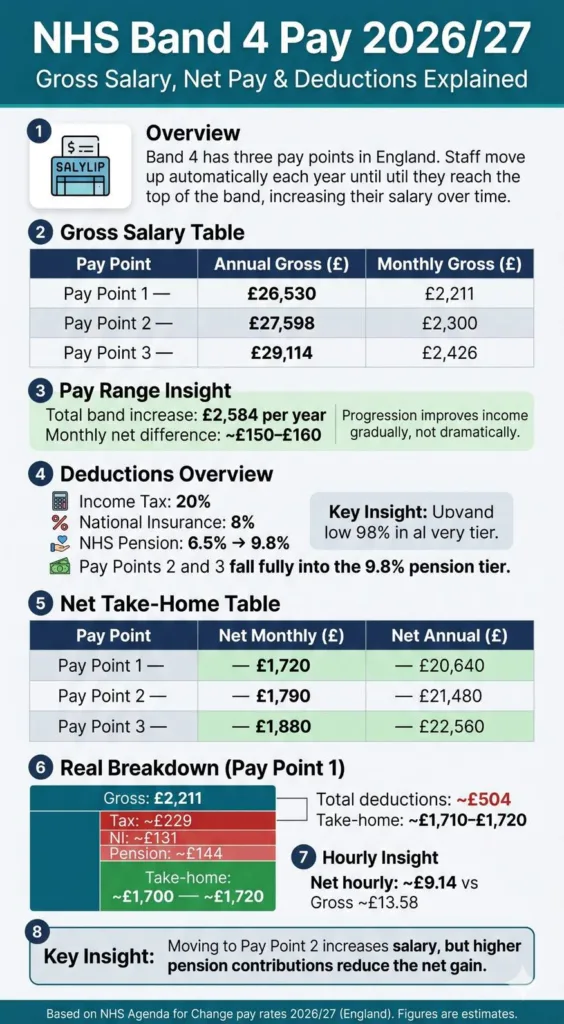 NHS Band 4 Take Home Pay Calculator 2026 infographic showing gross salary, net monthly pay and deductions including tax, NI and pension in England