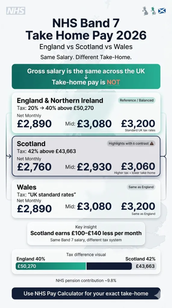NHS Band 7 take home pay 2026 comparison England Scotland Wales showing net monthly salary after tax and pension differences UK