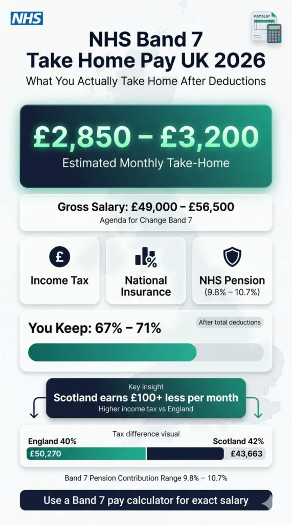 NHS Band 7 take home pay UK 2026 showing net monthly salary after tax National Insurance and pension with Scotland vs England difference