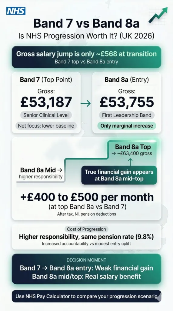 NHS Band 7 vs Band 8a salary comparison UK 2026 showing gross and net pay difference and whether progression is financially worth it after deductions