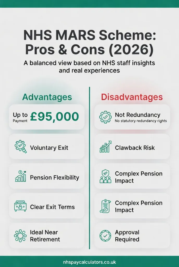 NHS MARS scheme pros and cons showing advantages like voluntary exit and lump sum payment and disadvantages like clawback and no redundancy rights