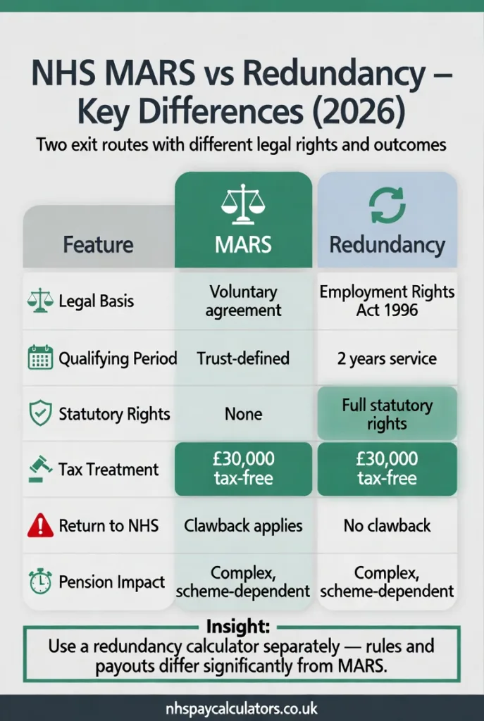 NHS MARS vs redundancy comparison showing legal basis qualifying period statutory rights tax treatment and clawback differences