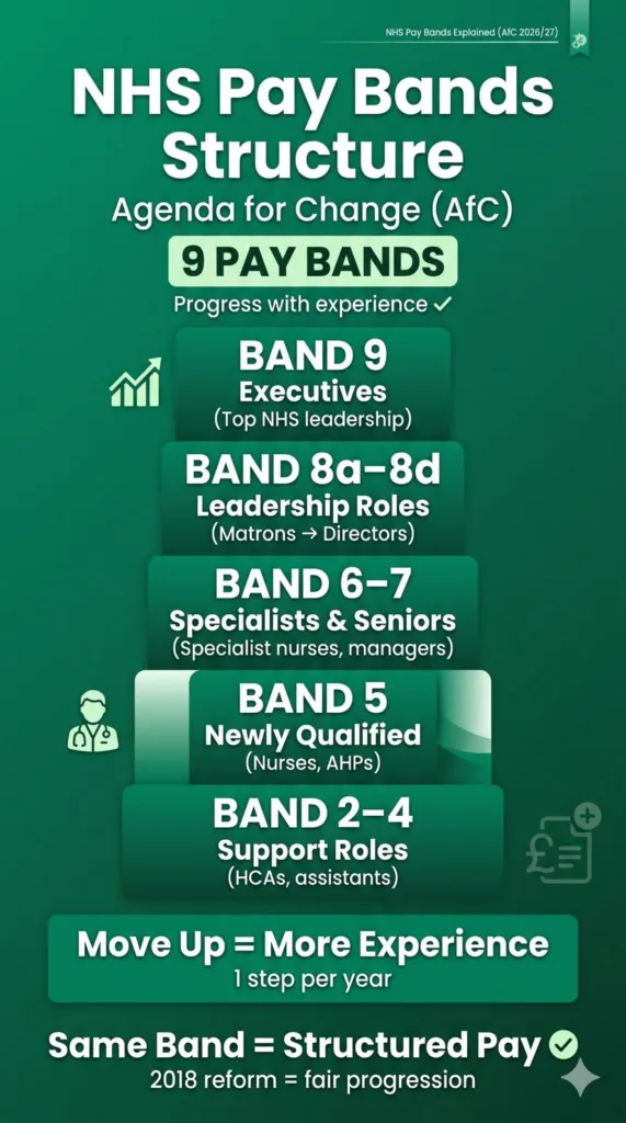 NHS pay bands structure 2026 Agenda for Change showing band 2 to band 9 roles and career progression hierarchy