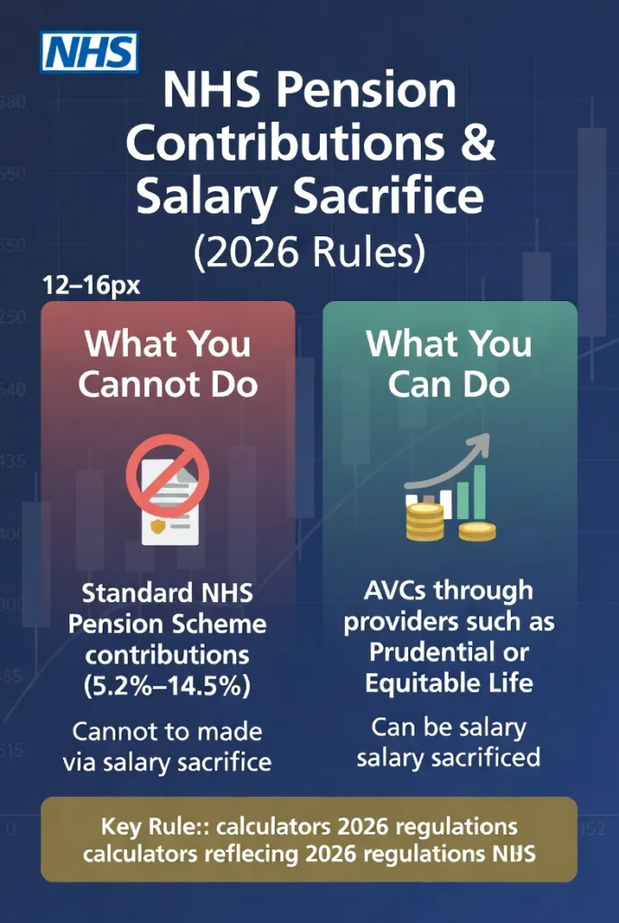 Infographic explaining NHS pension salary sacrifice rules 2026, showing why standard contributions are not eligible and how AVCs can be used