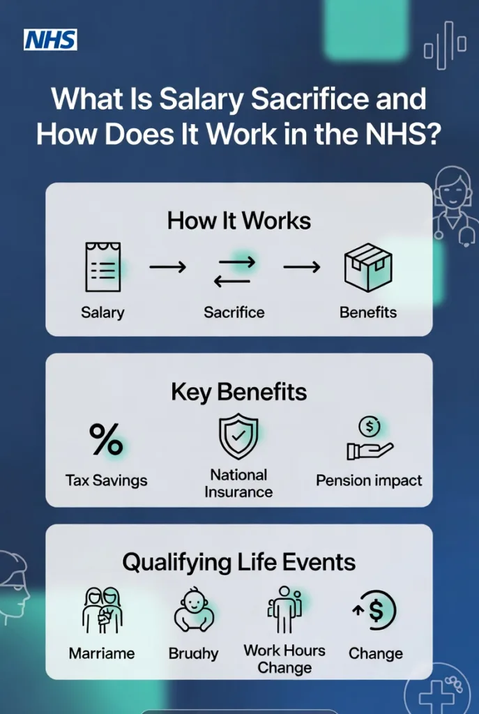 NHS Salary Sacrifice Calculator: Infographic explaining NHS salary sacrifice, how it works, tax savings, National Insurance benefits, and key qualifying life events