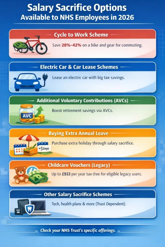 Salary sacrifice options available to NHS employees in 2026 including Cycle to Work scheme, electric car lease, AVC pension contributions, additional annual leave, and childcare benefits with tax savings explained