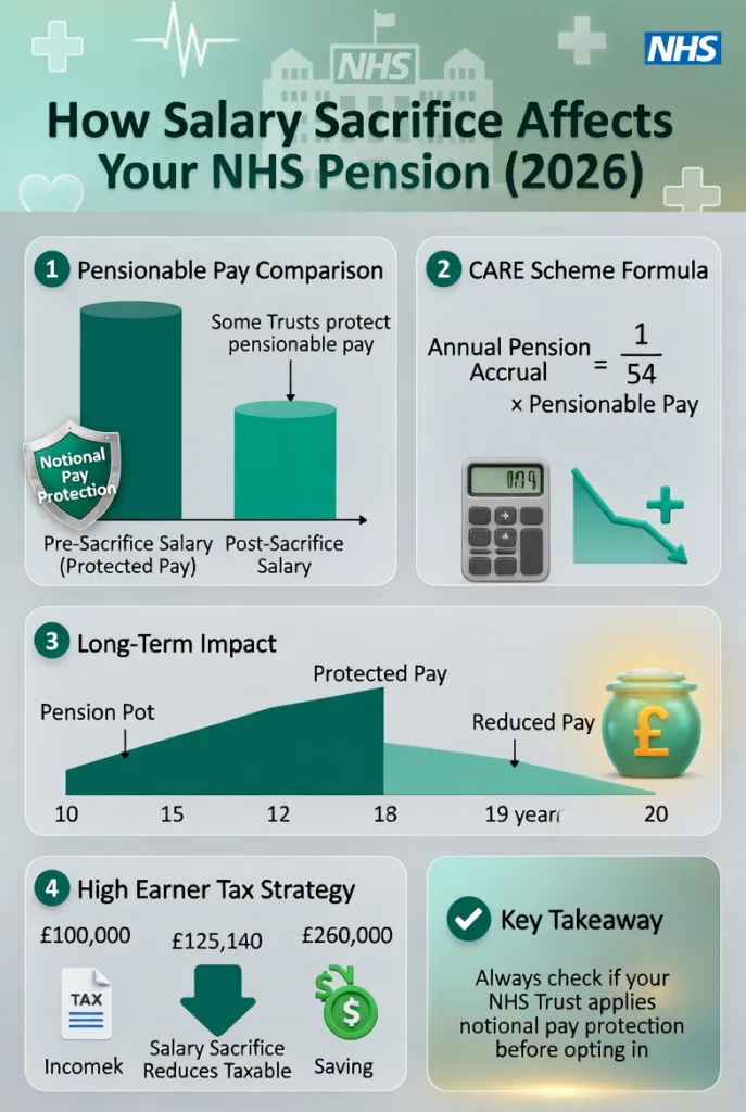 Detailed infographic showing how salary sacrifice impacts NHS pension in 2026 including pensionable pay comparison, CARE scheme formula, long-term pension reduction, and tax benefits for high earners