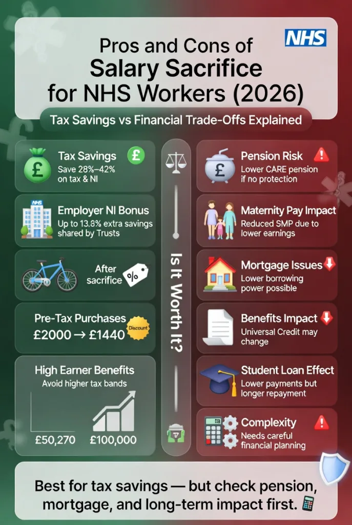 Infographic showing pros and cons of salary sacrifice for NHS workers including tax savings benefits in green and risks like pension impact, mortgage issues, and reduced maternity pay in red