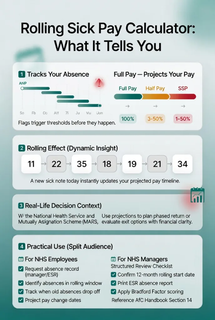 Infographic explaining what a rolling sick pay calculator shows including absence tracking, pay projection from full pay to SSP, and practical use for NHS staff and managers