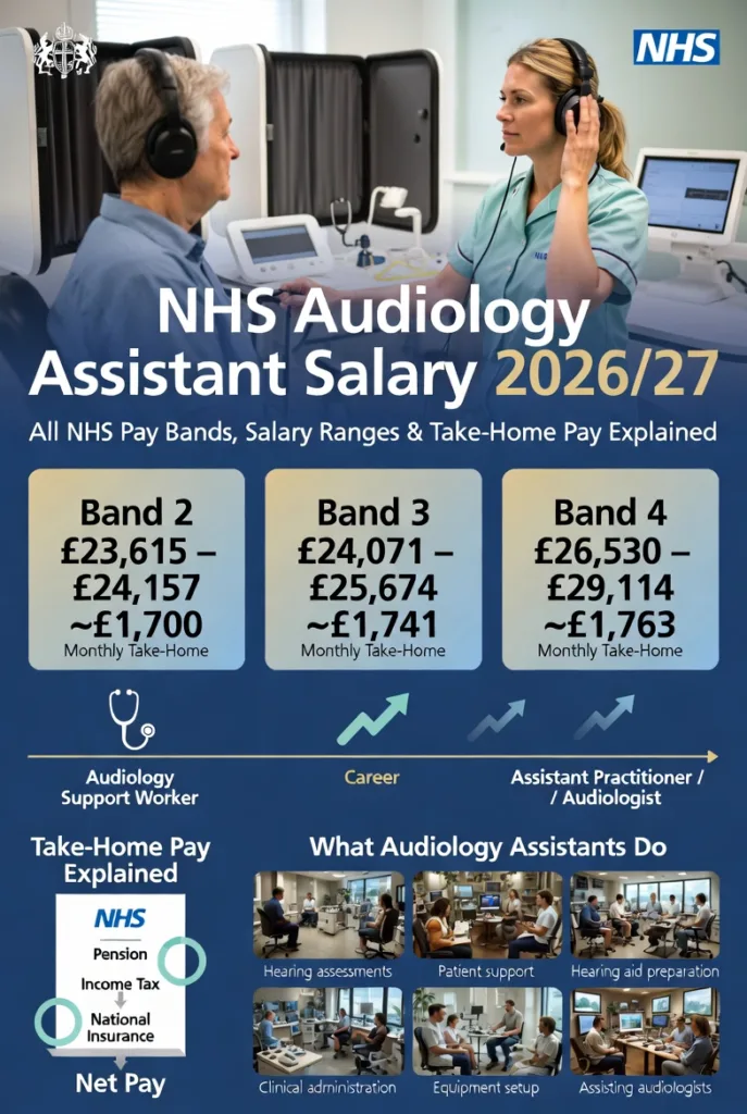 NHS audiology assistant salary bands infographic for England 2026/27 showing Band 2 to Band 5 pay ranges, monthly take-home pay, Agenda for Change salary structure, and NHS audiology career progression.