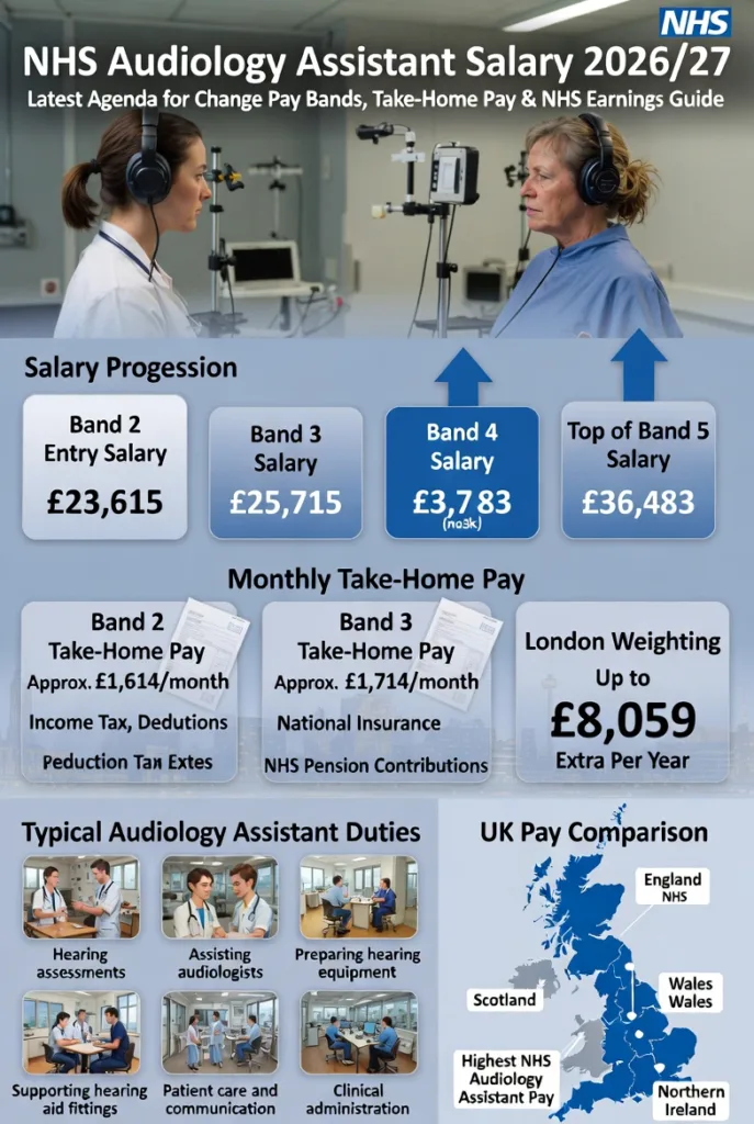 Professional NHS audiology assistant salary infographic for 2026/27 showing Band 2 to Band 5 pay scales, monthly take-home pay, London weighting, NHS deductions, Agenda for Change salary structure, and UK pay variations.”