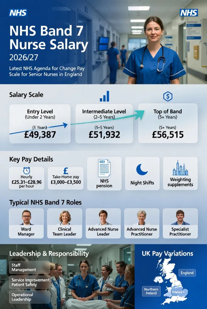 Professional infographic showing NHS Band 7 nurse salary in England for 2026/27 including £49,387 to £56,515 pay scale, hourly rates, take-home pay, London weighting, overtime enhancements, and senior nursing leadership roles within the NHS Agenda for Change structure.”