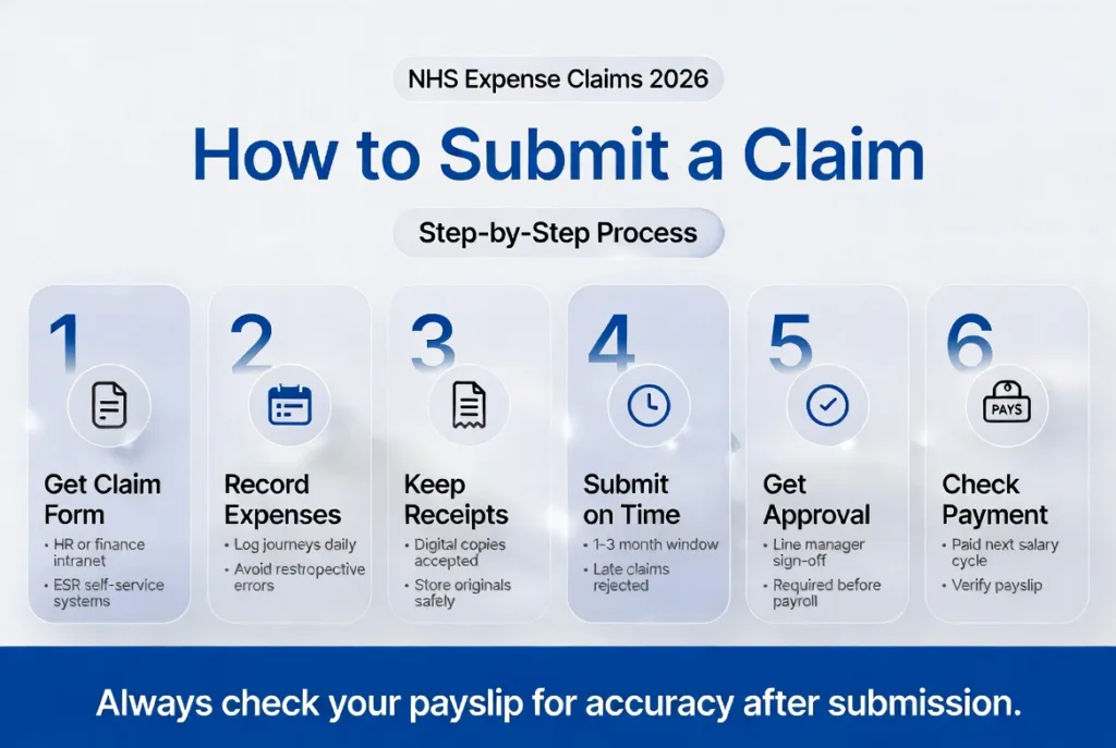 NHS expense claim step-by-step infographic showing how to submit travel and subsistence claims including forms, record keeping, receipts, approvals, deadlines, and payment verification process.