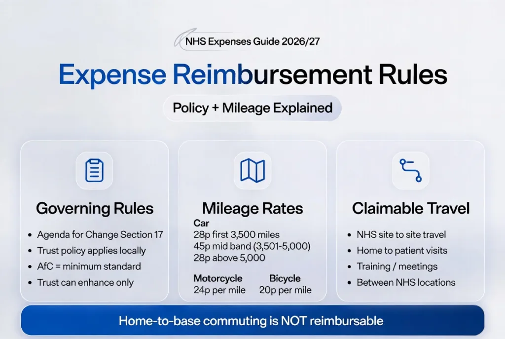 NHS expense reimbursement infographic showing Agenda for Change Section 17 rules, trust policy hierarchy, mileage rates for cars motorcycles and bicycles, and claimable travel definitions.