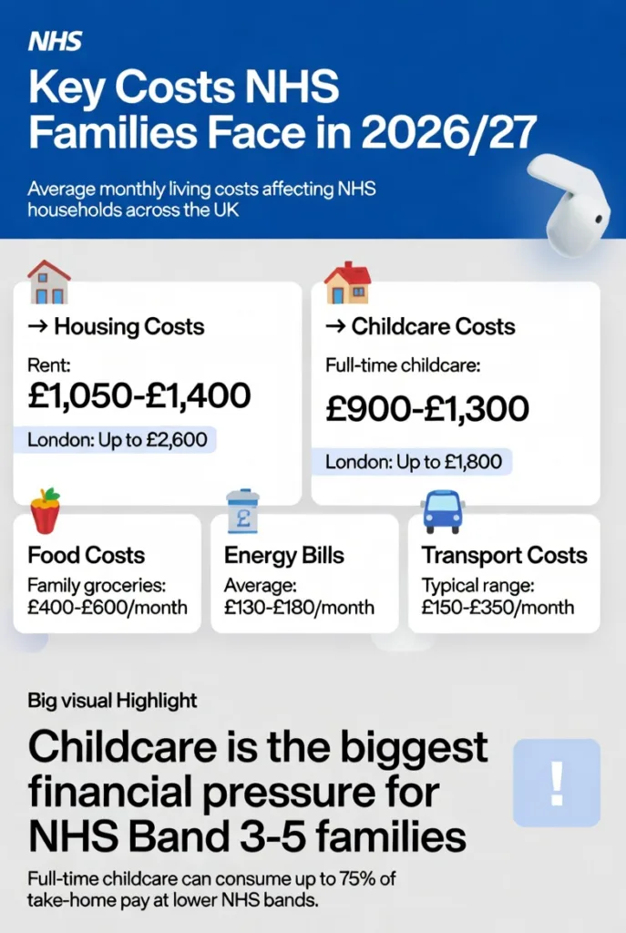 Minimal infographic showing average UK living costs for NHS families in 2026/27 including rent, childcare, food, transport, and household expenses.