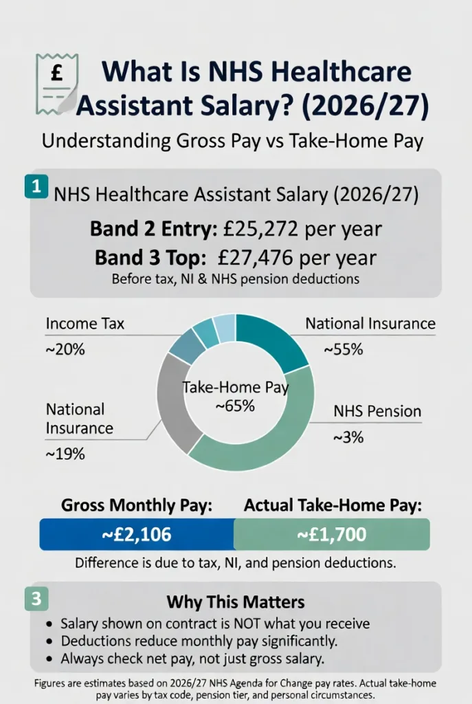 Minimalist NHS healthcare assistant salary infographic explaining Band 2 to Band 3 pay in 2026/27 with gross salary, deductions, and monthly take-home pay breakdown.
