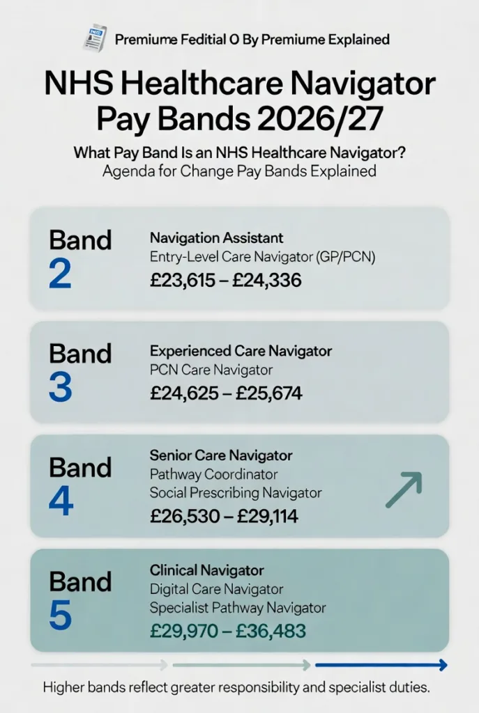 Minimalist NHS healthcare navigator pay band infographic showing Band 2 to Band 5 salary ranges and healthcare navigator roles under Agenda for Change 2026/27