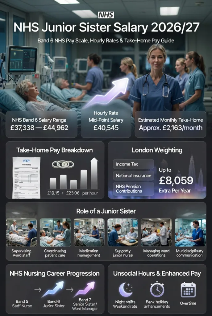 Professional NHS junior sister salary infographic for 2026/27 showing Band 6 pay scale, hourly rates, monthly take-home pay, London weighting, and NHS nursing pay structure in England