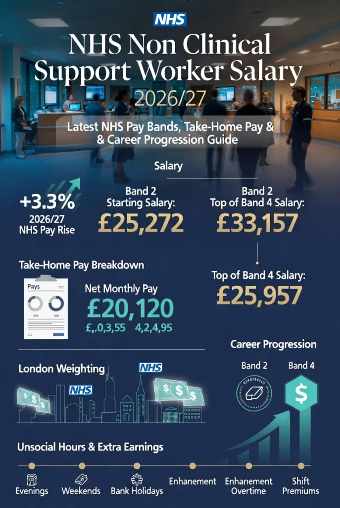 Modern NHS non clinical support worker salary infographic for 2026/27 showing Band 2 to Band 4 pay scales, monthly take-home pay, Agenda for Change pay rise, London weighting, and NHS career progression.