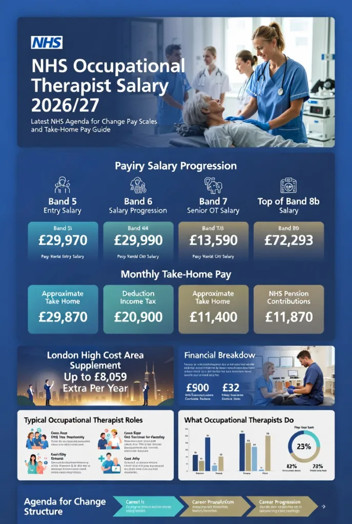 Detailed NHS occupational therapist salary infographic for 2026/27 showing Band 5 to Band 8b pay scales, monthly take-home pay, London weighting, NHS pension deductions, and Agenda for Change salary structure in England.