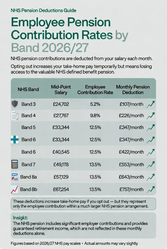 NHS employee pension contribution rates by pay band for 2026/27 showing monthly pension deductions and salary contribution percentages for UK healthcare staff.