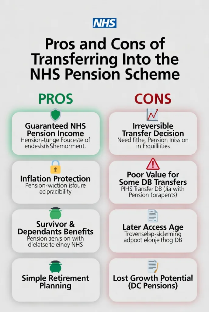High contrast infographic showing pros and cons of transferring pensions into the NHS Pension Scheme including guaranteed income, inflation protection, risks, and financial implications for UK healthcare staff.