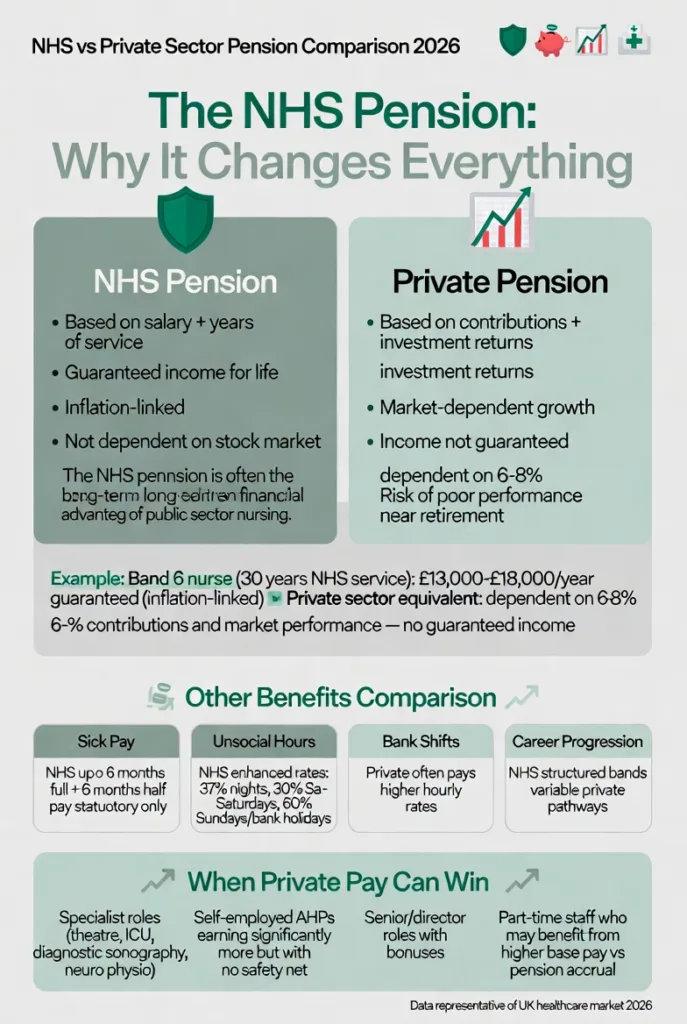 Comparison infographic explaining NHS pension benefits versus private sector pensions for UK healthcare workers including nurses and AHPs in 2026.