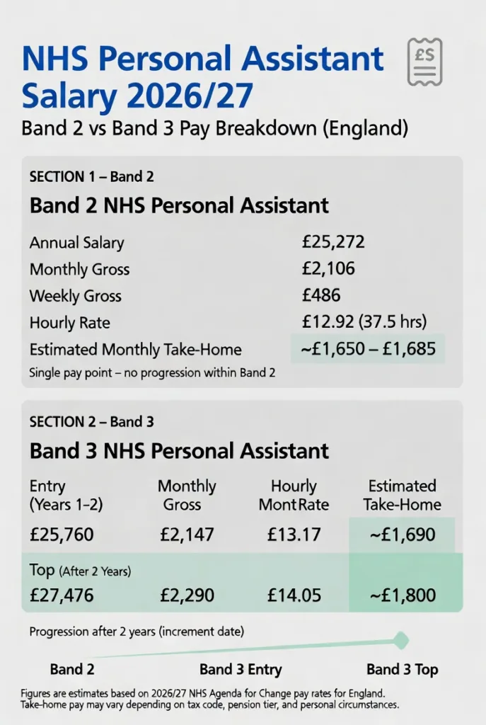 Minimalist NHS personal assistant salary infographic showing Band 2 and Band 3 pay for 2026/27 including annual, monthly, hourly gross pay and estimated take-home pay in England