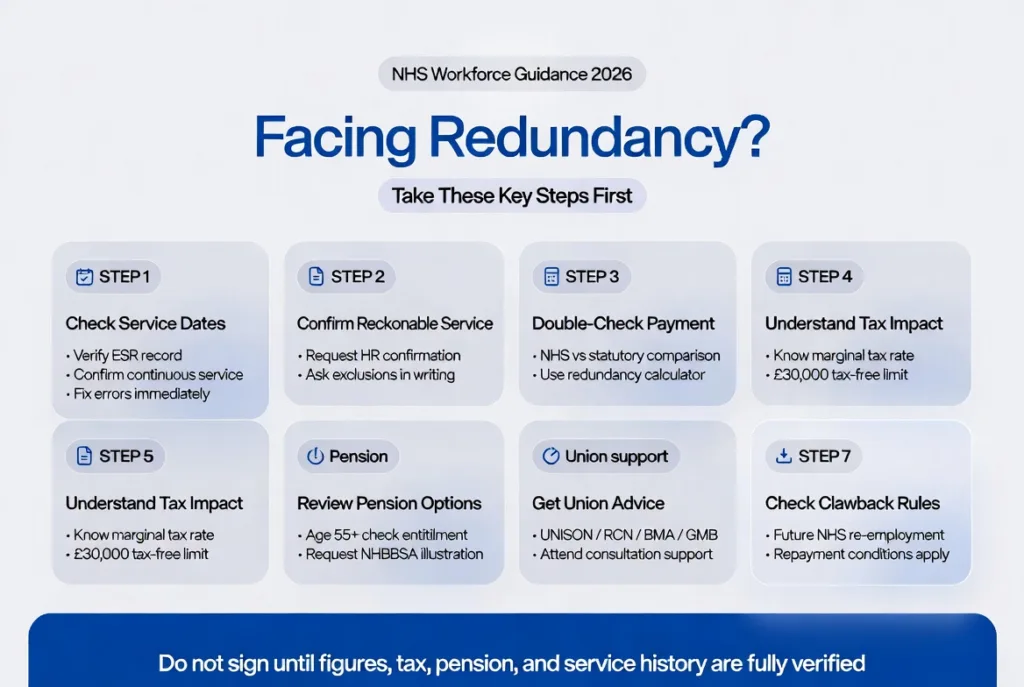 NHS redundancy 2026 step-by-step infographic showing employee actions including ESR service check, pay calculation, tax rules, pension options, and union support guidance.