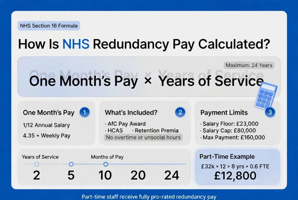 Professional NHS redundancy pay calculation infographic explaining the Section 16 formula, salary caps, reckonable service years, and part-time redundancy payment examples.