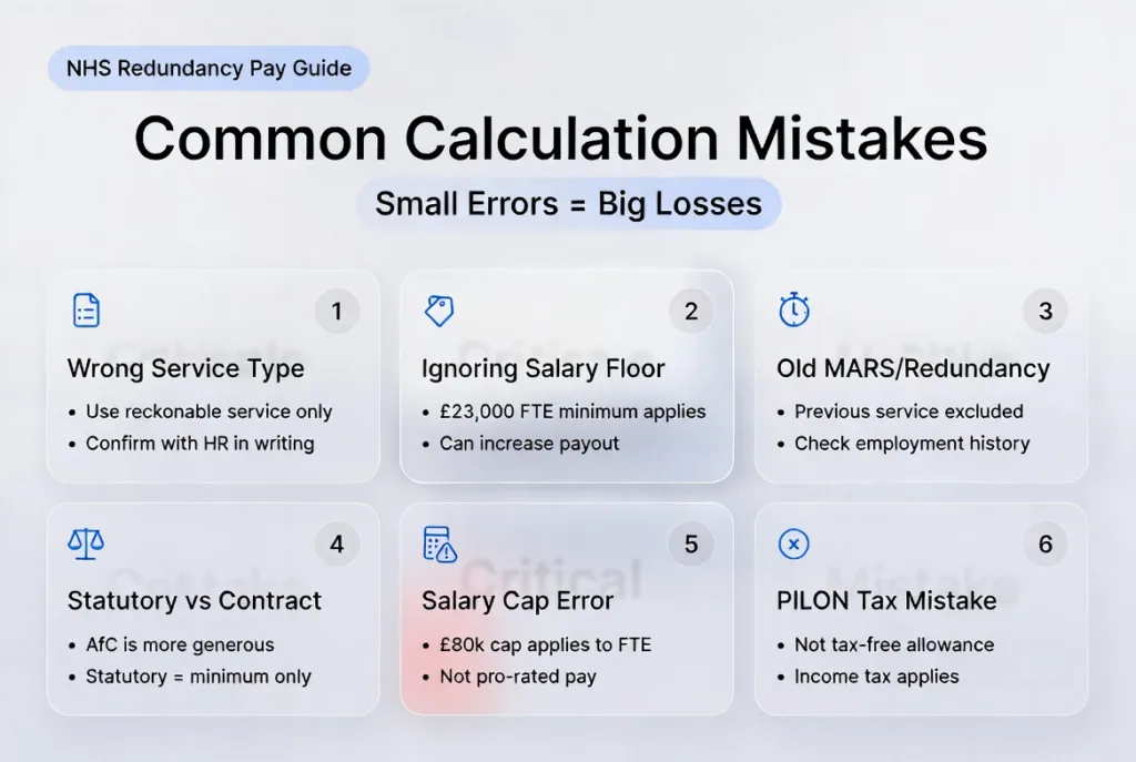 Professional NHS infographic showing common redundancy pay calculation mistakes including service errors, salary floor rules, tax implications, and MARS comparison risks.