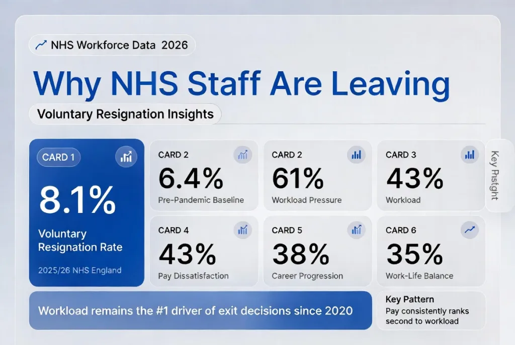 NHS workforce infographic showing 2026 staff resignation rates including 8.1% voluntary leaving rate, workload pressure, pay dissatisfaction, and career progression factors.