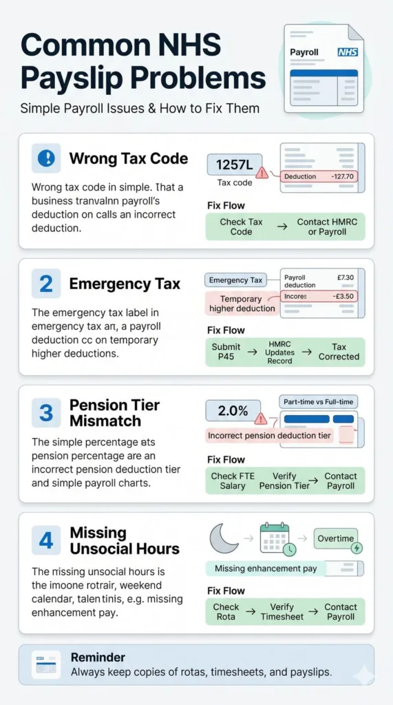 Simple NHS take home pay slip problems infographic showing wrong tax code, emergency tax, pension tier mismatch, and missing unsocial hours with clear payroll troubleshooting steps.