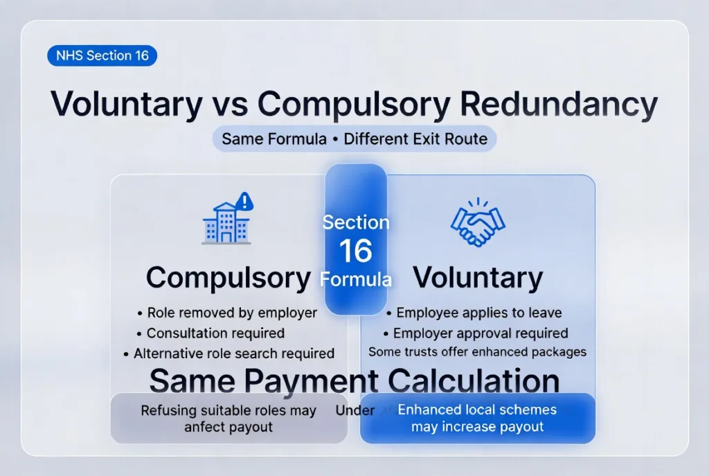 Professional NHS infographic comparing voluntary and compulsory redundancy under Section 16, including redundancy rights, employer obligations, and enhanced voluntary redundancy schemes.