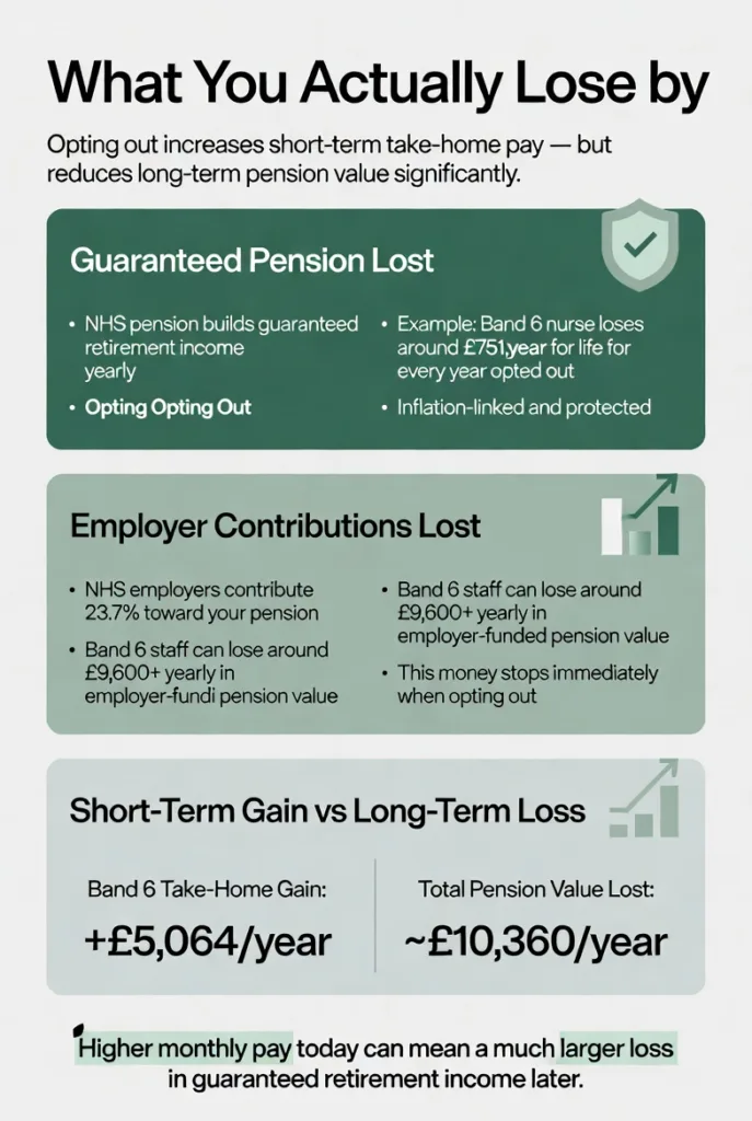 Minimal infographic showing the financial losses NHS staff face when opting out of the NHS pension scheme including employer contributions and retirement income loss.