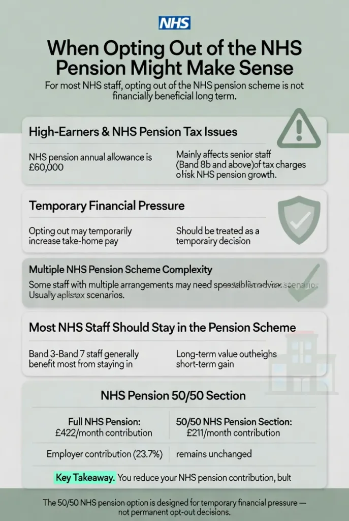 Minimal infographic explaining when opting out of the NHS pension scheme might be considered and how the NHS 50/50 pension option works for UK healthcare staff.
