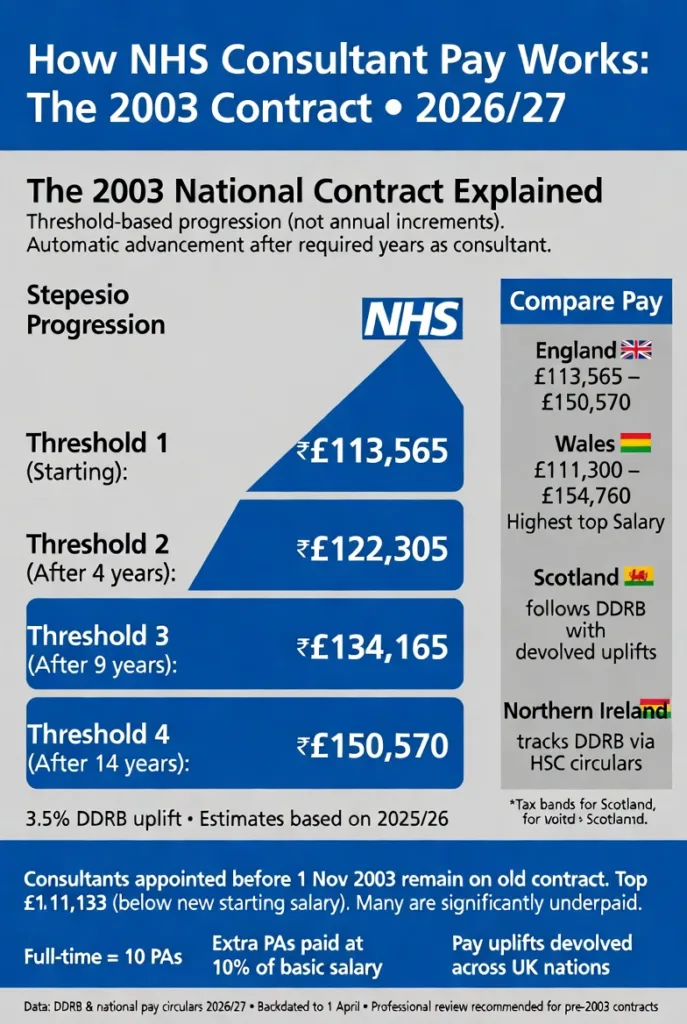 How NHS Consultant Pay Works 2026/27 UK nations comparison infographic including 2003 contract thresholds England Wales Scotland Northern Ireland and pre-2003 contract details