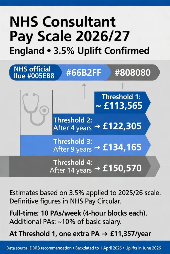 NHS Consultant Pay Scale 2026/27 England infographic showing thresholds from £113,565 starting to £150,570 after 14 years with 3.5% uplift details