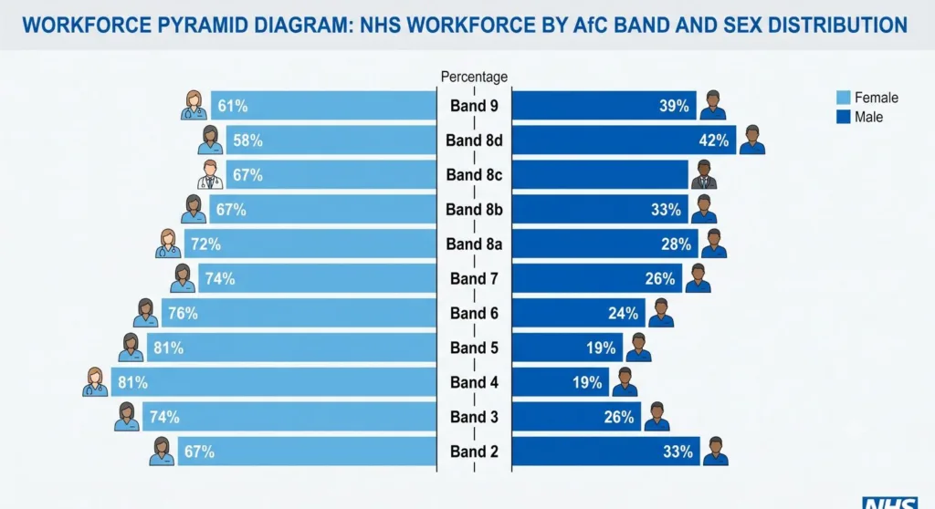 Pyramid diagram showing male and female representation across NHS Agenda for Change pay bands.