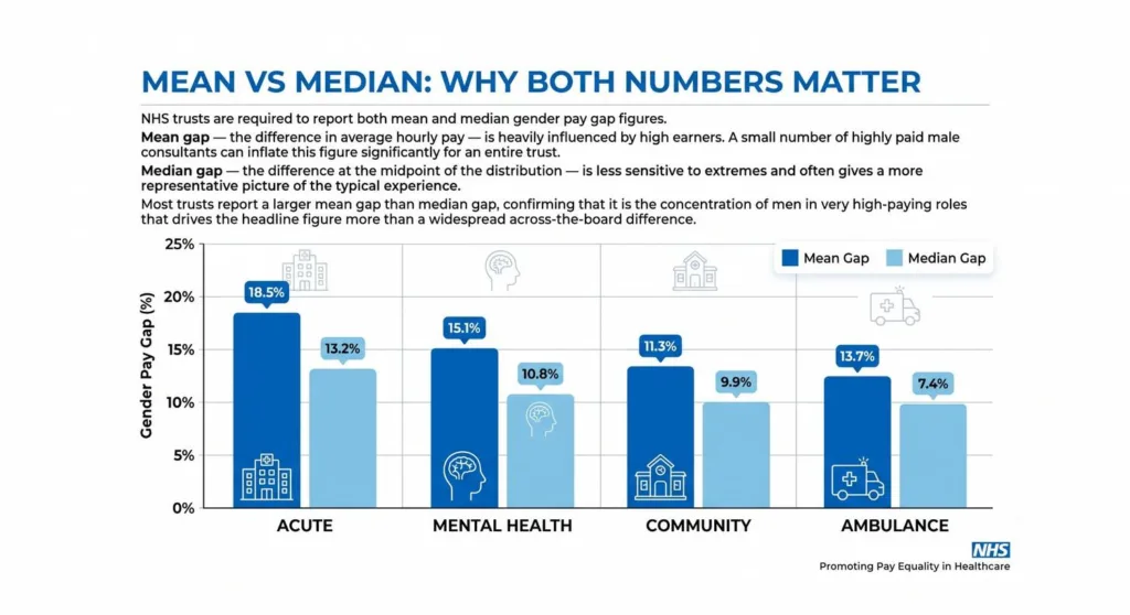 An explanatory bar chart infographic comparing Mean and Median Gender Pay Gap percentages for four types of NHS trusts: Acute, Mental Health, Community, and Ambulance. The chart visually demonstrates how the Mean Gap (dark blue) is consistently larger than the Median Gap (light blue) for all categories (e.g., Acute: 18.5% mean vs. 13.2% median). Text boxes explain that the mean gap is heavily influenced by high-earning male consultants, making both figures necessary to fully understand gender inequality data within the NHS.